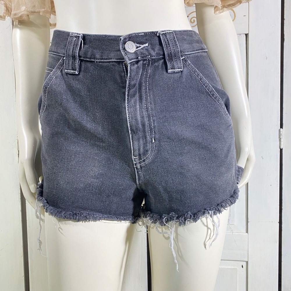 Pacsun‎ Denim Cargo Shorts Size 26 Black Mid Rise Fray Painted Paw Print Pockets